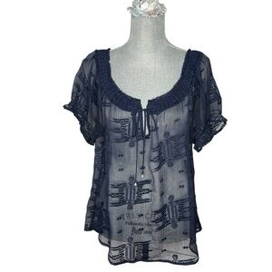 Willow & Clay Navy Sheer Embroidered Boho Top Size M